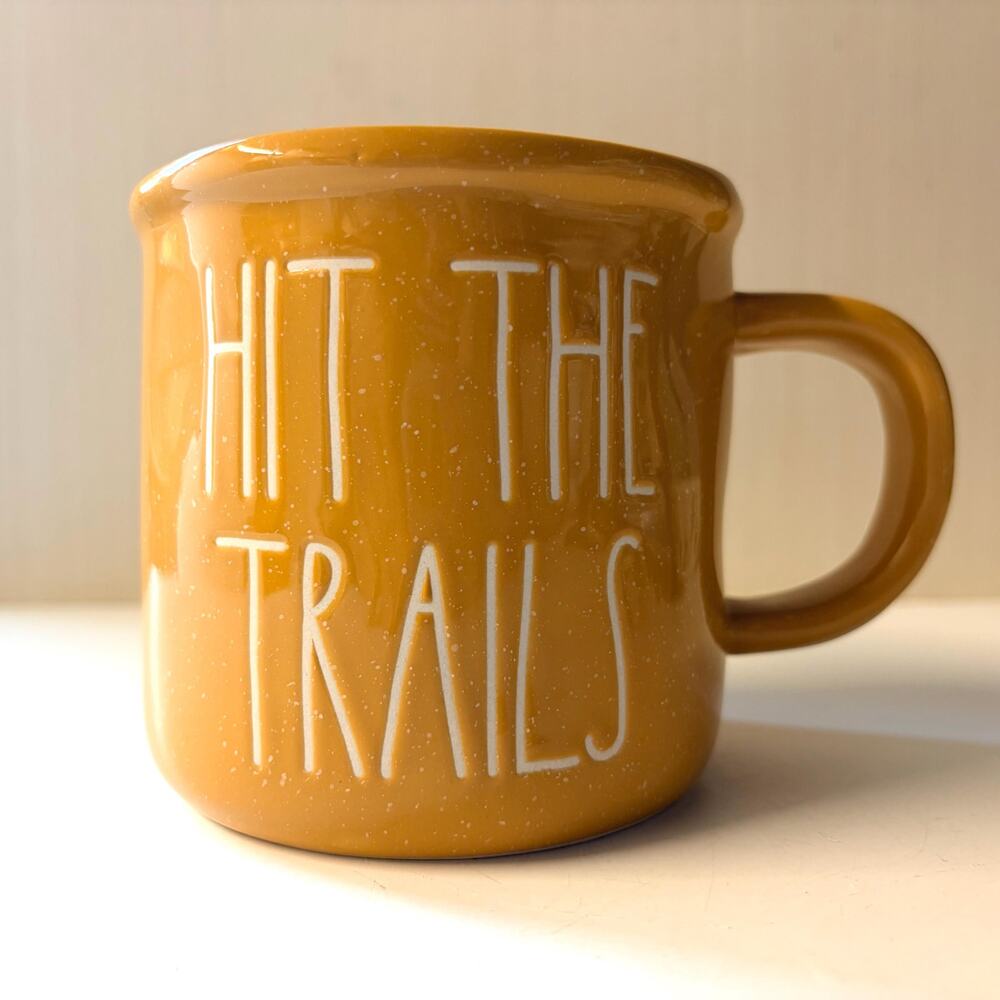 Retired Rae Dunn Hit the Trails Coffee Tea Mug by Magenta Mustard Yellow White